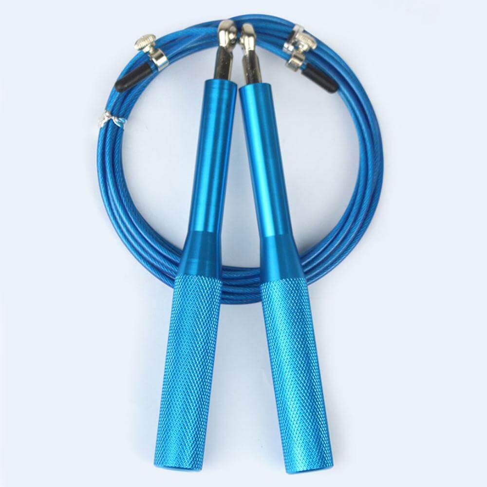 Speed Jump Rope Fitness Skipping Ropes with blue anti-slip aluminum handles and 360° swivel ball bearing design.
