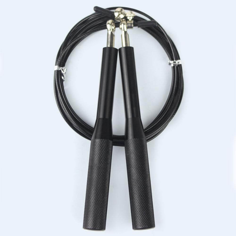 Speed Jump Rope Fitness Skipping Ropes with anti-slip aluminum handles and 360° swivel design in black.