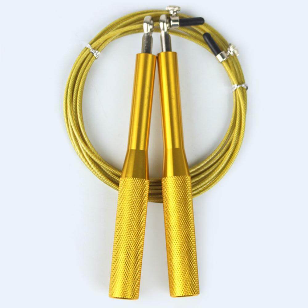 Speed Jump Rope Fitness Skipping Ropes with anti-slip yellow aluminum handles and 360° swivel ball bearing design.