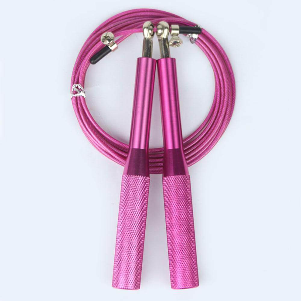 Speed Jump Rope Fitness Skipping Ropes with anti-slip pink aluminum handles and durable steel cord design.