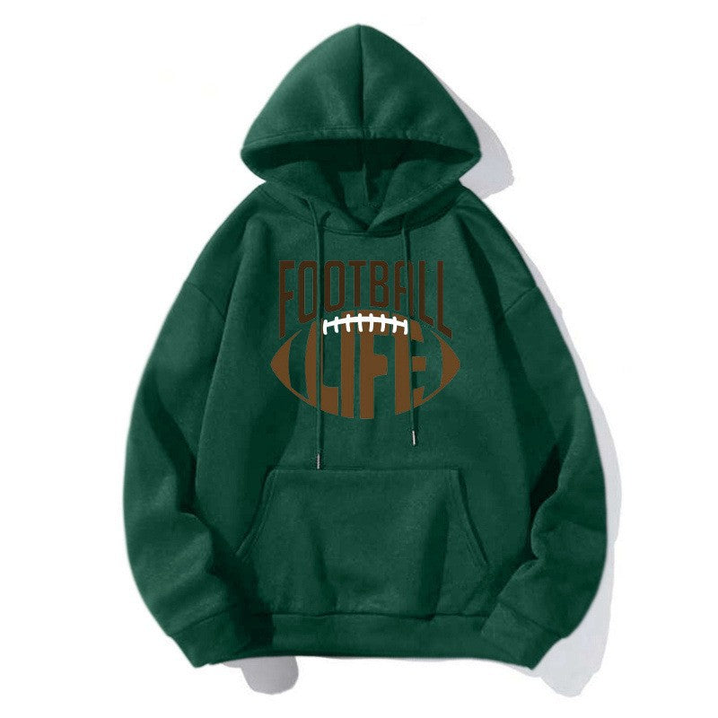Football Print Hoodie in green with a casual loose fit and printed "Football Life" design.