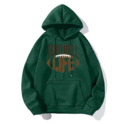 Football Print Hoodie in green with a casual loose fit and printed "Football Life" design.