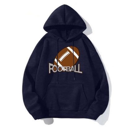 Football Print Hoodie featuring a football graphic on a casual navy sweatshirt, perfect for loose fit comfort.